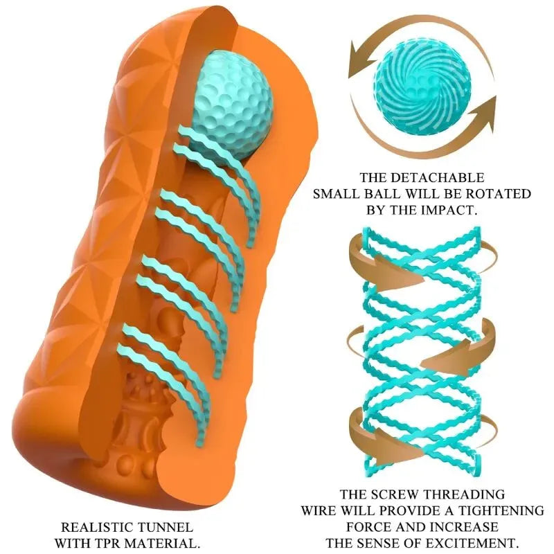 Masturbateur transparent à spirale rotative avec boule intégrée, texture interne excitante, stimulation visuelle.
