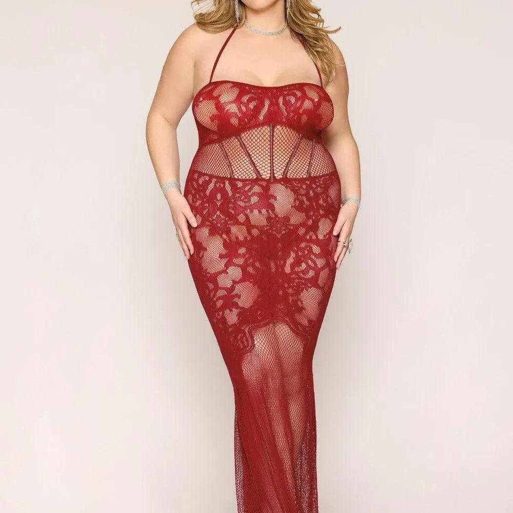 Nuisette Longue Grande Taille Résille Florale