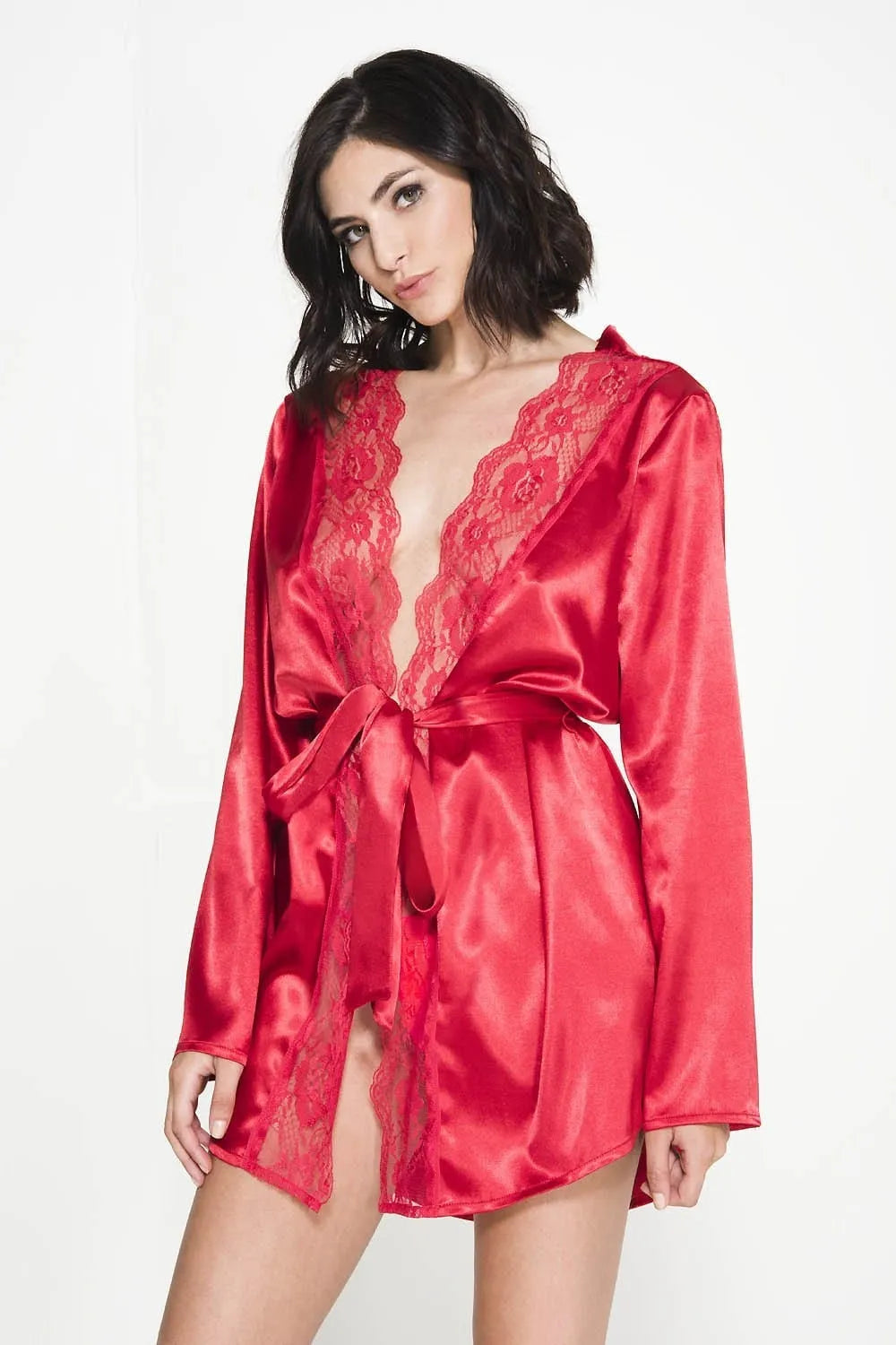 Peignoir Satin Dentelle Manches Longues Luxe