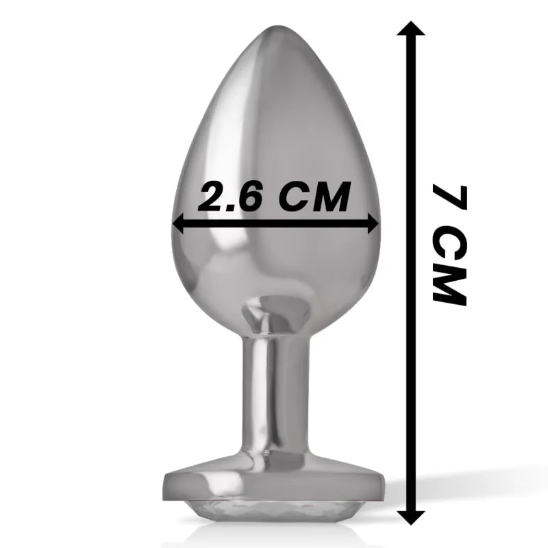 Plug anal bijou métal argenté, forme conique, orné d'un faux diamant, dimensions 7 cm x 2,6 cm, luxe et confort.