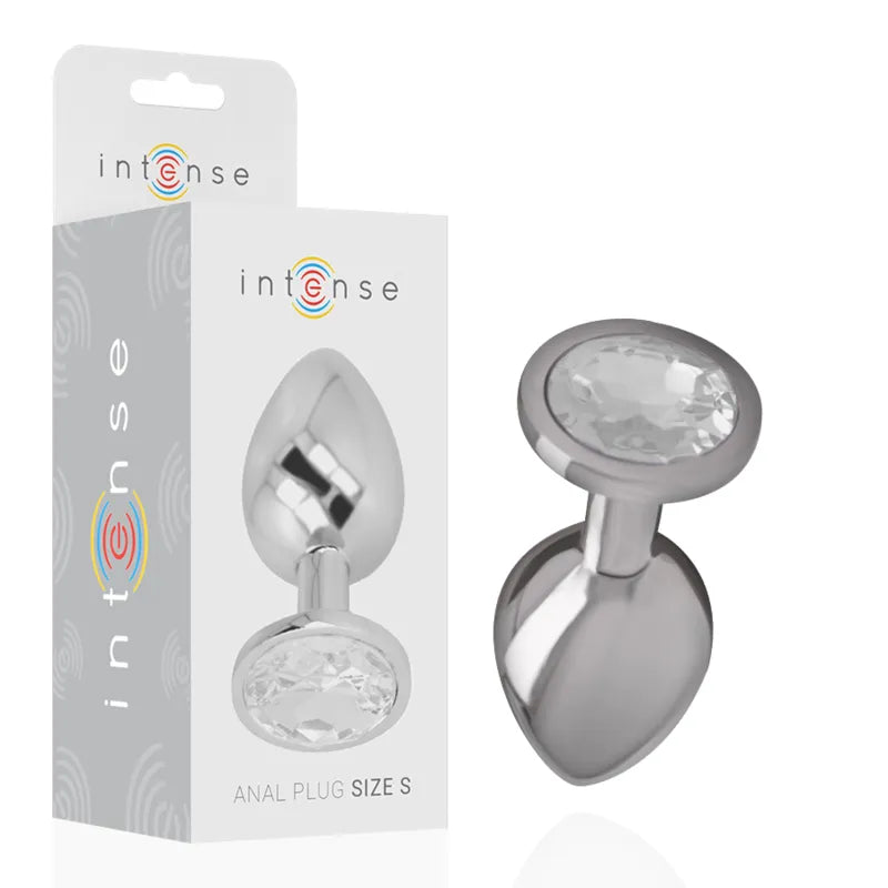 Plug anal métal argenté avec bijou diamant, design élégant, luxe et confort, stimulation intime raffinée.