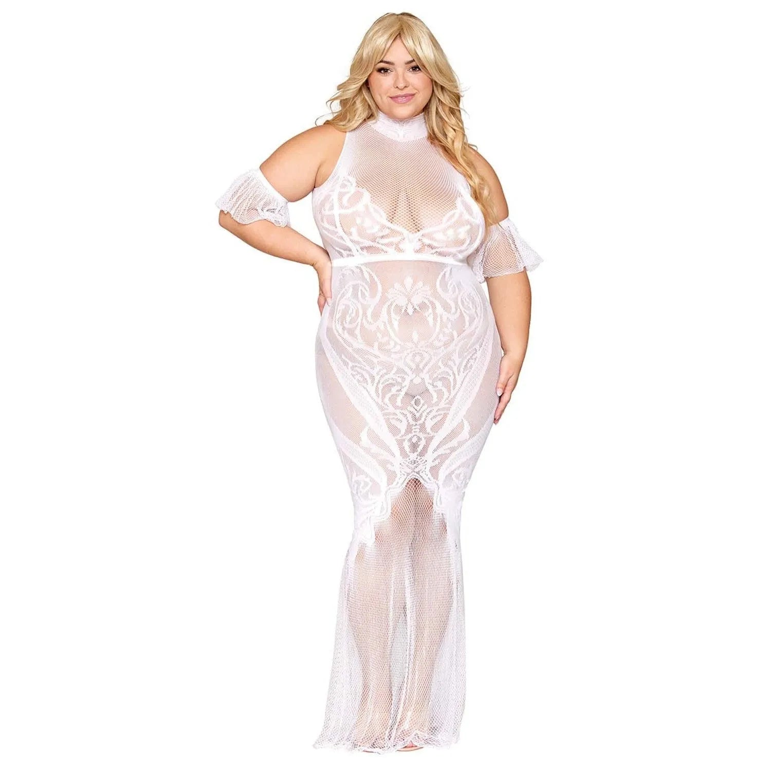 Robe Bodystocking Grande Taille Dentelle Blanche Sans Couture
