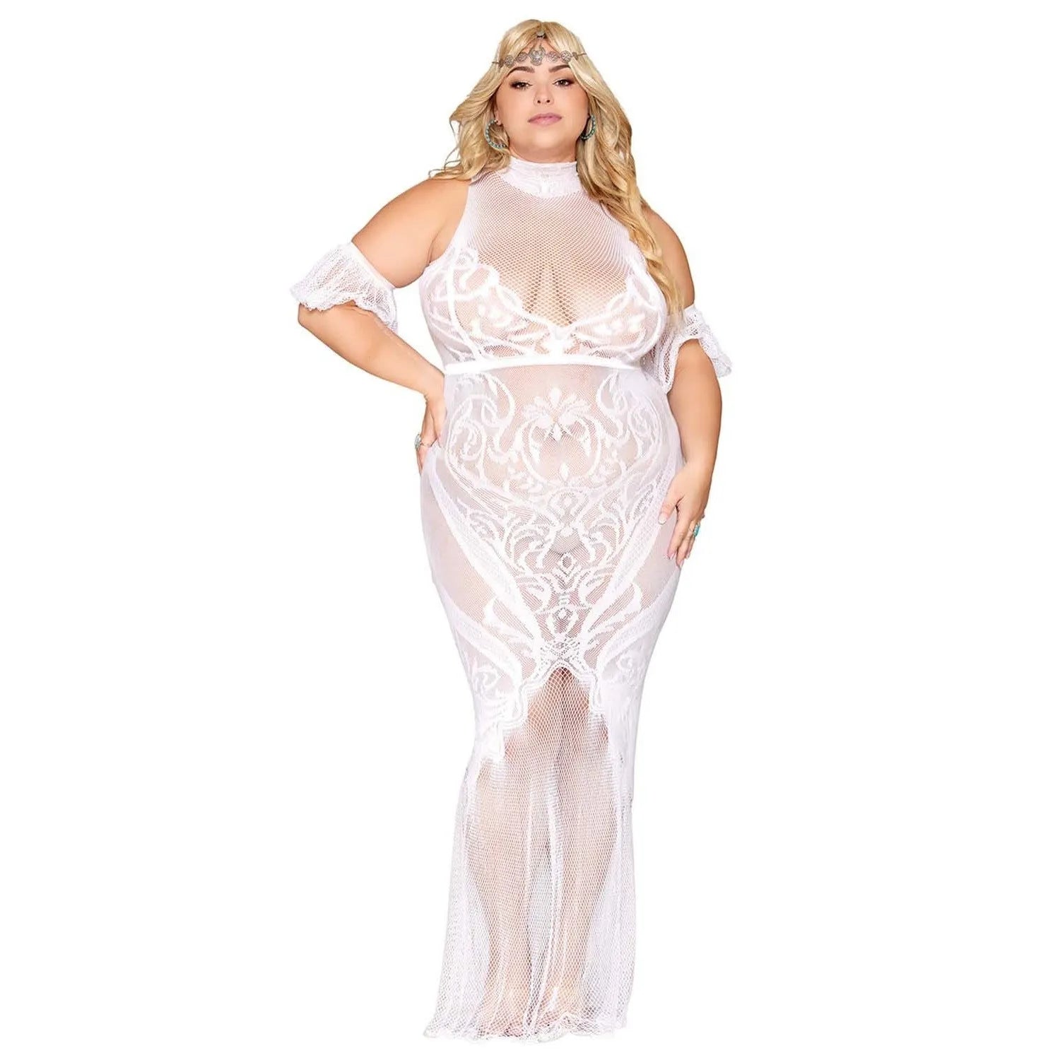 Robe Bodystocking Grande Taille Dentelle Blanche Sans Couture