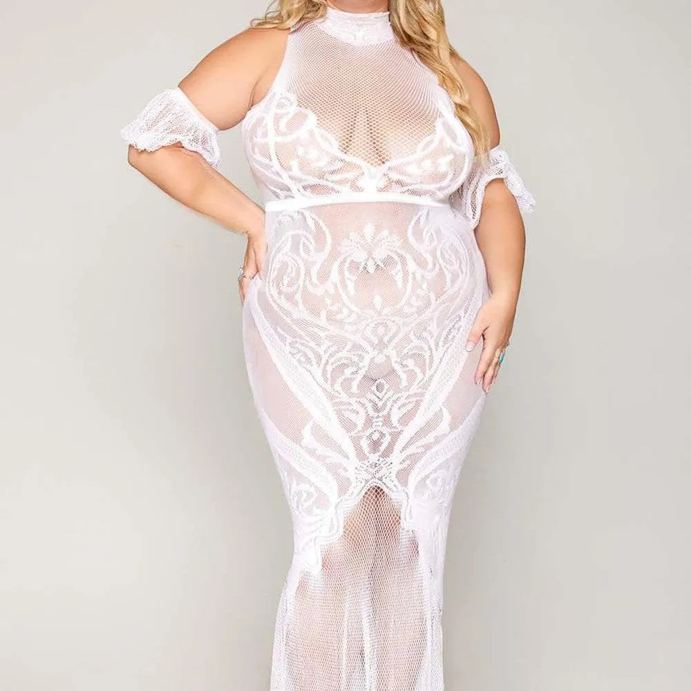 Robe Bodystocking Grande Taille Dentelle Blanche Sans Couture