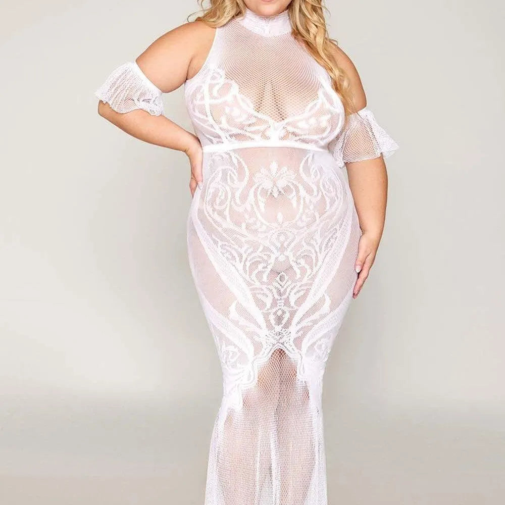 Robe Bodystocking Grande Taille Dentelle Blanche Sans Couture