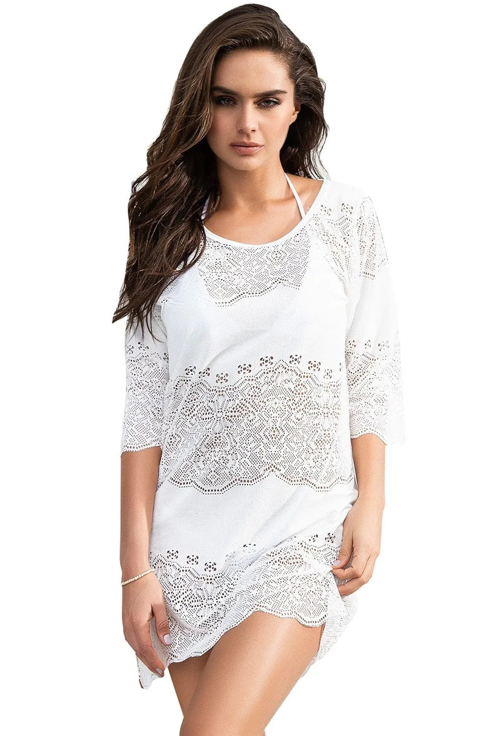 Robe Brodée Ivoire Manches 3/4 Été