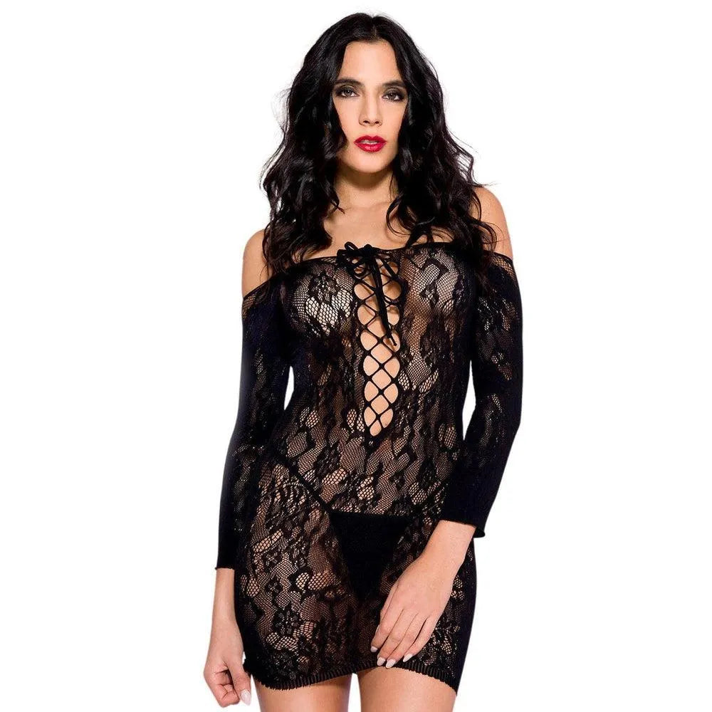 Robe Courte Noire Sexy Dentelle Florale
