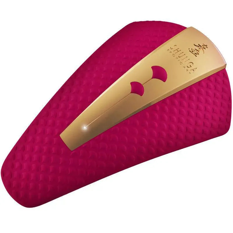 Stimulateur clitoridien rose ergonomique en silicone avec détails dorés, hypoallergénique et étanche.