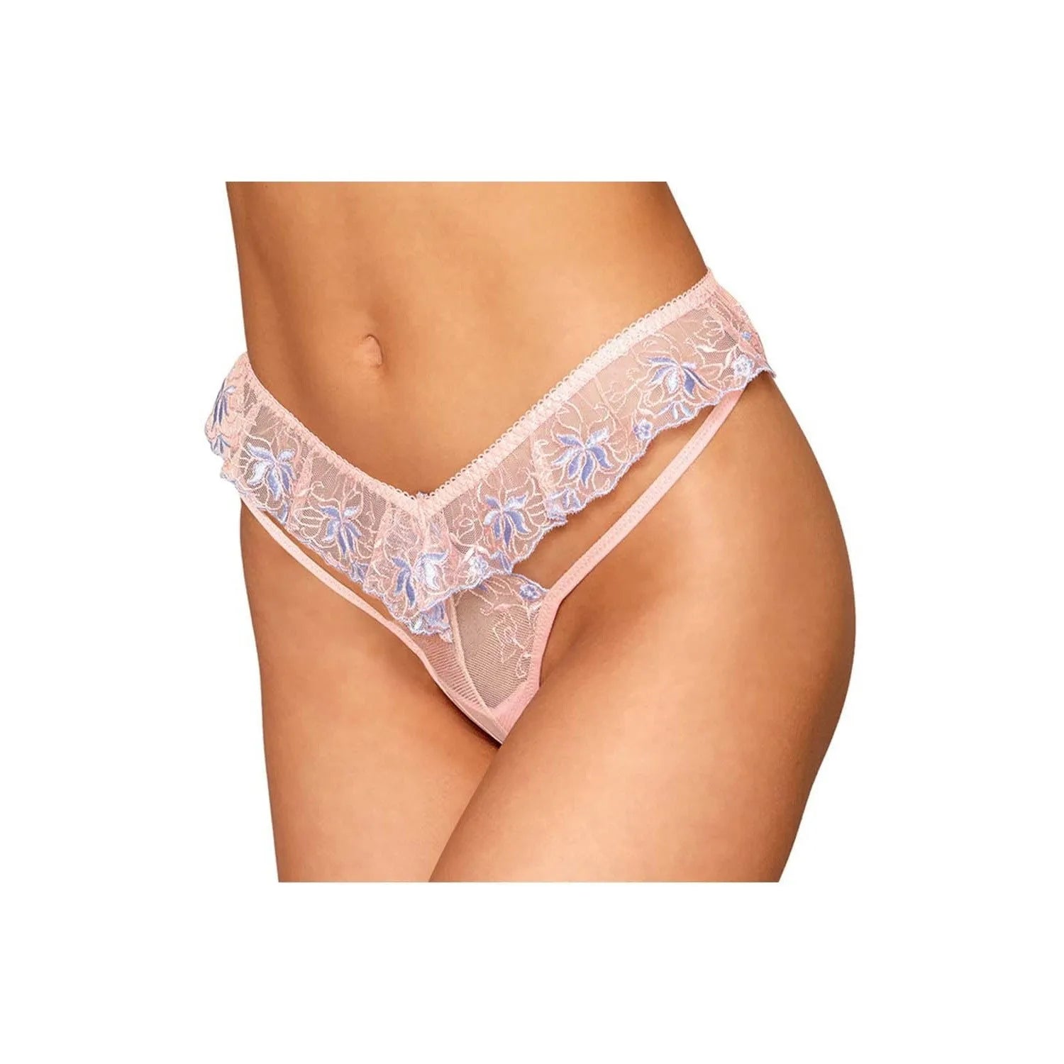 String Romantique Broderie Florale Rose Et Bleu