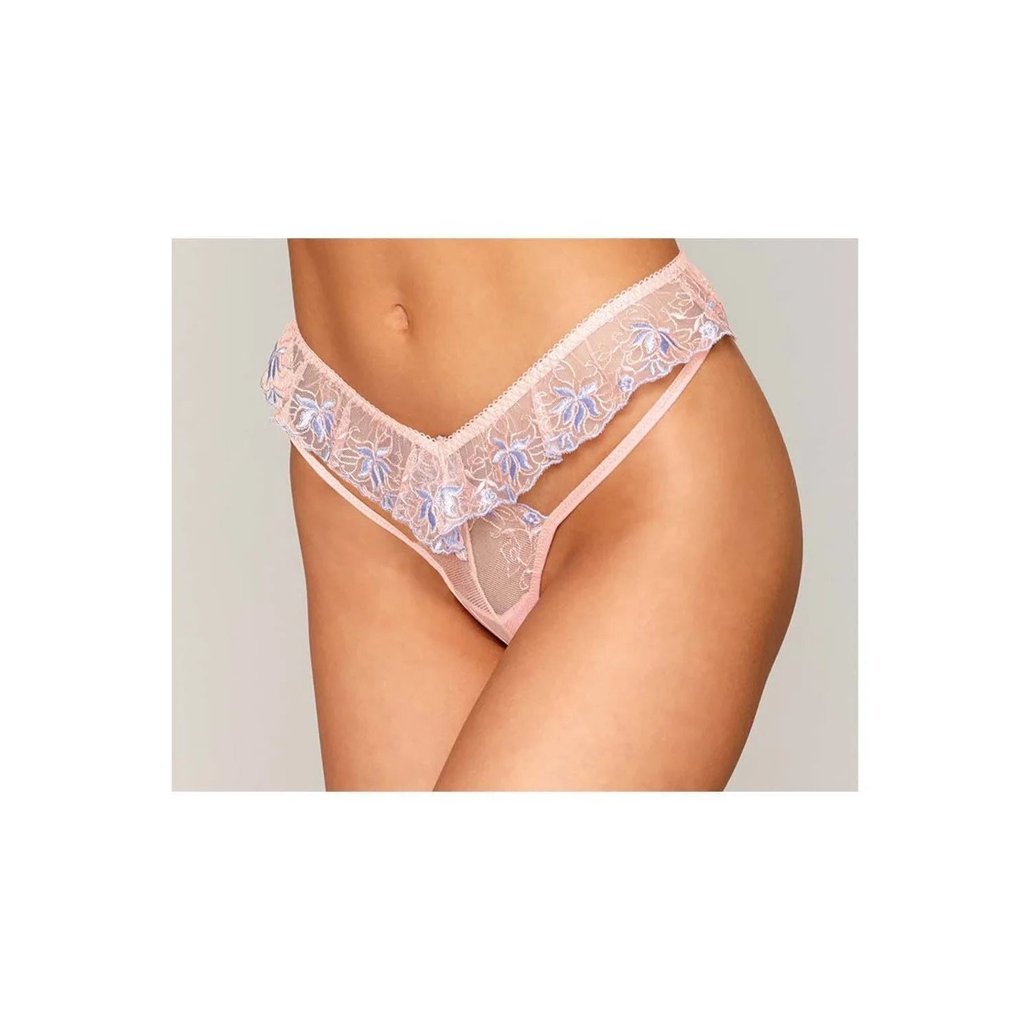 String Romantique Broderie Florale Rose Et Bleu