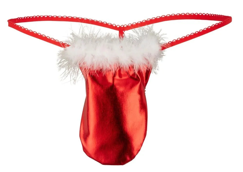 String Rouge Métallique Sexy Avec Plumes Blanches