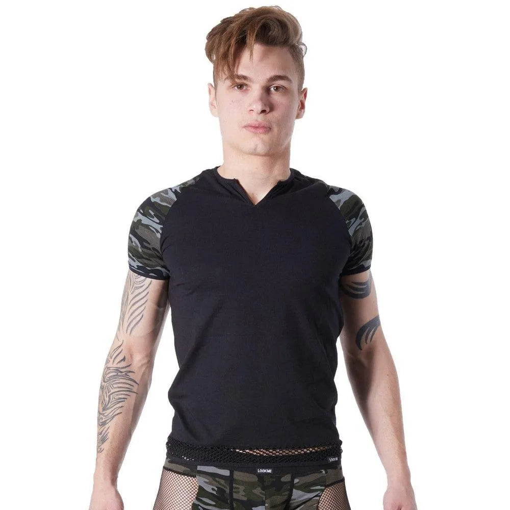 T-Shirt Noir Camouflage Manches Courtes Résille