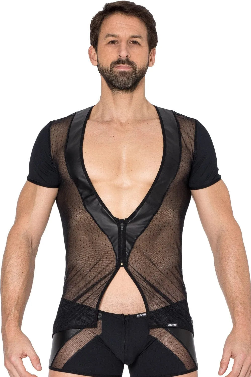 T-Shirt Noir Design Futuriste Avec Col Simili Cuir