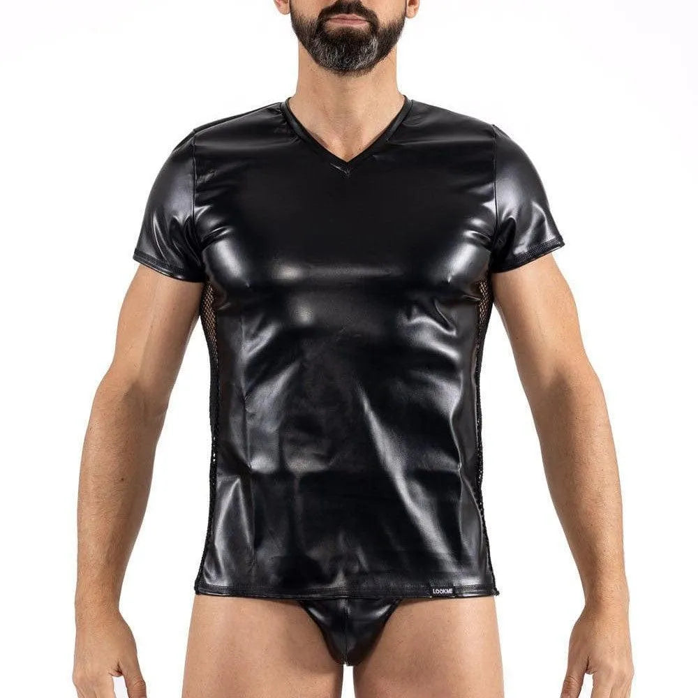 T-Shirt Noir Masculin Simili Cuir Résille