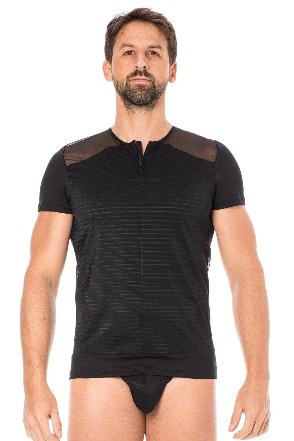 T-Shirt Sexy Noir À Rayures Transparentes Et Opaques
