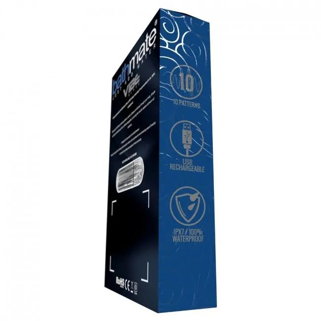Balle vibrante hydrothérapie bleue, forme sphérique, rechargeable USB, étanche, boîte avec motifs et texte explicatif.