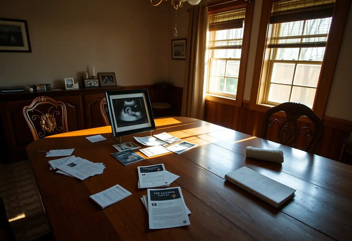 Un bureau avec des brochures et une photo d'écho cardiaque