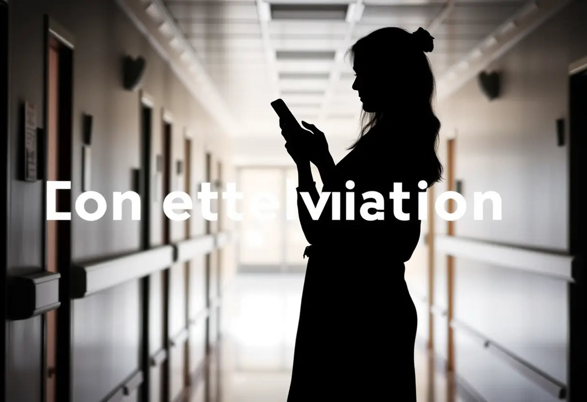 Un profil féminin attend dans un couloir d'hôpital en consultant son téléphone pour sa pose de stérilet