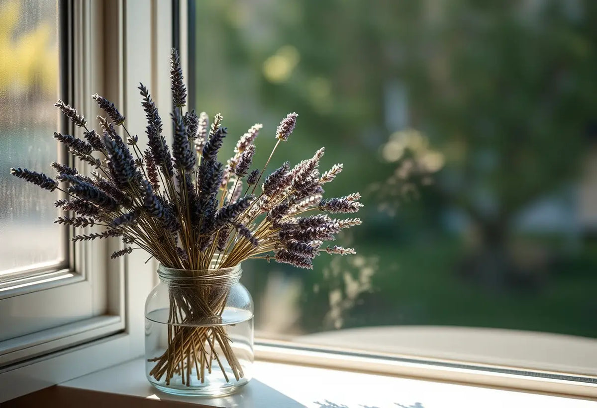 Vase en verre avec lavande sèche sur un rebord de fenêtre