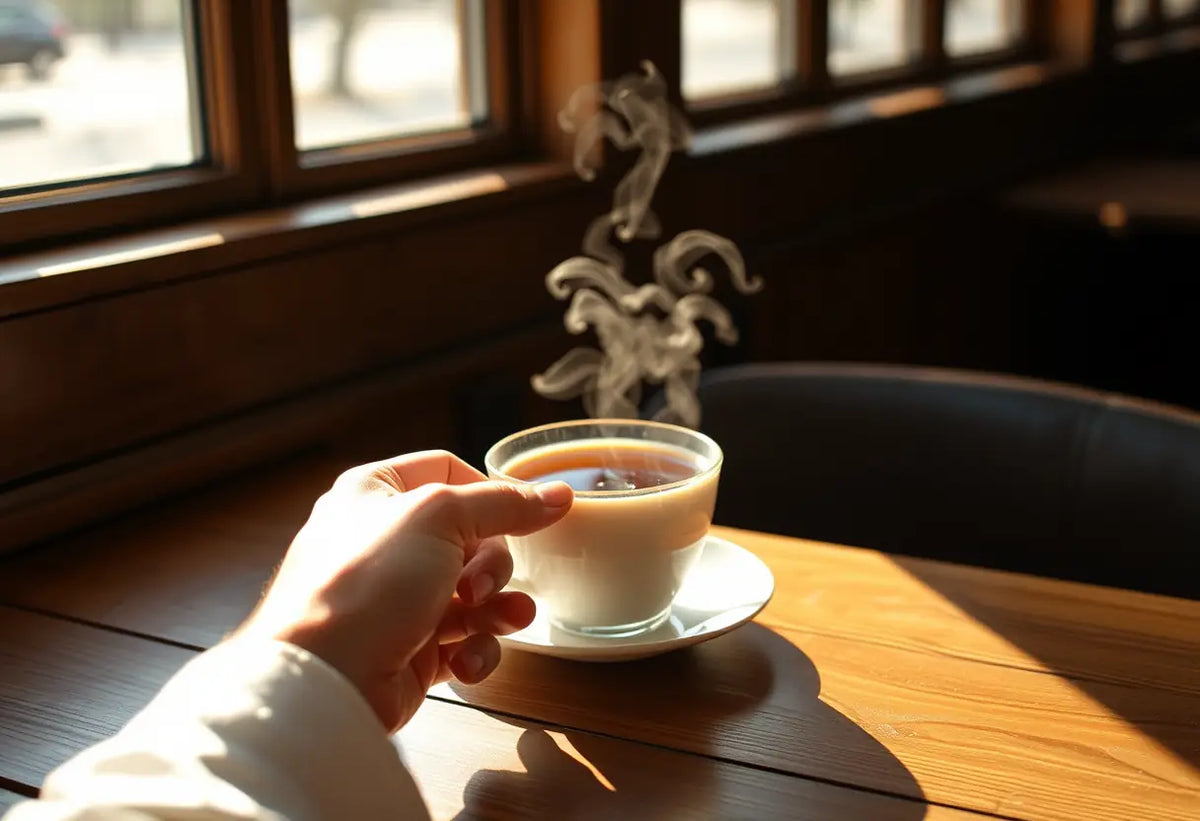 Une main tenant une tasse de thé chaud sur une table de café accueillante, lumière naturelle