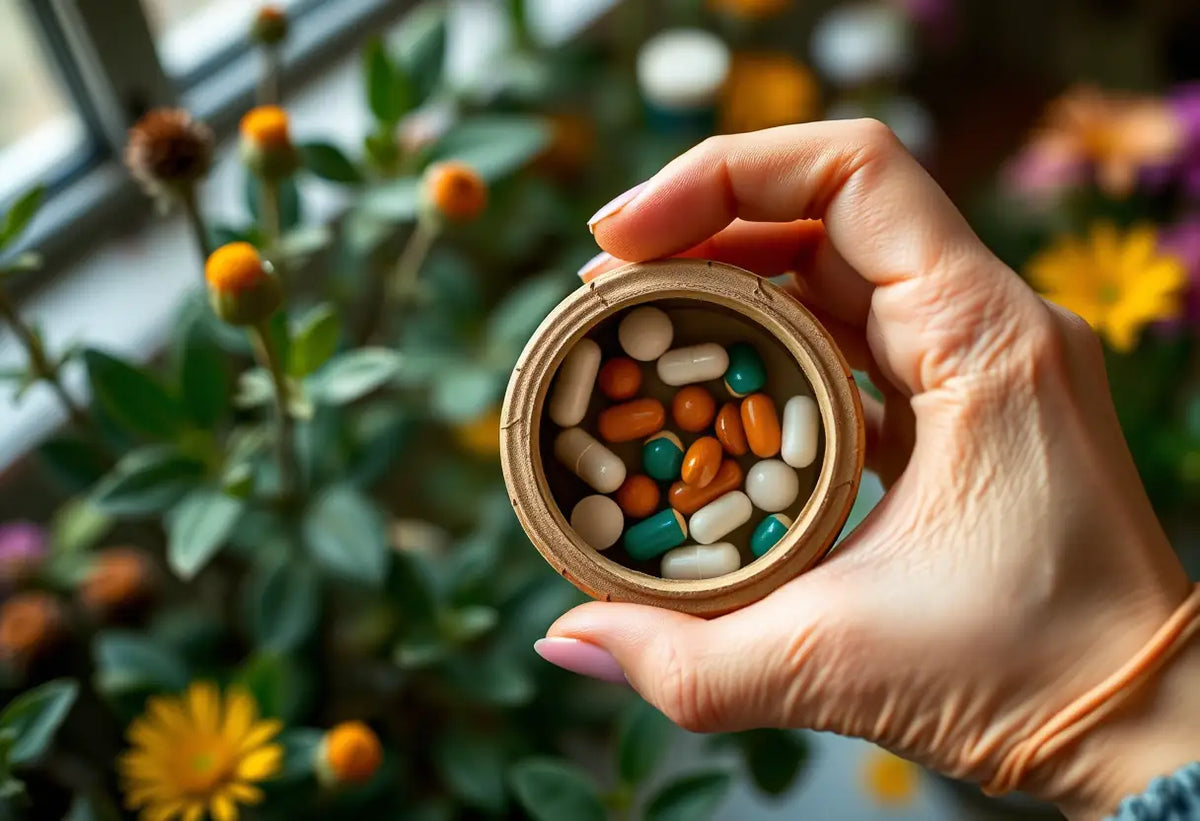 Une main féminine tient un contenant en carton circulaire rempli de comprimés, rappelant l'accès à la contraception.