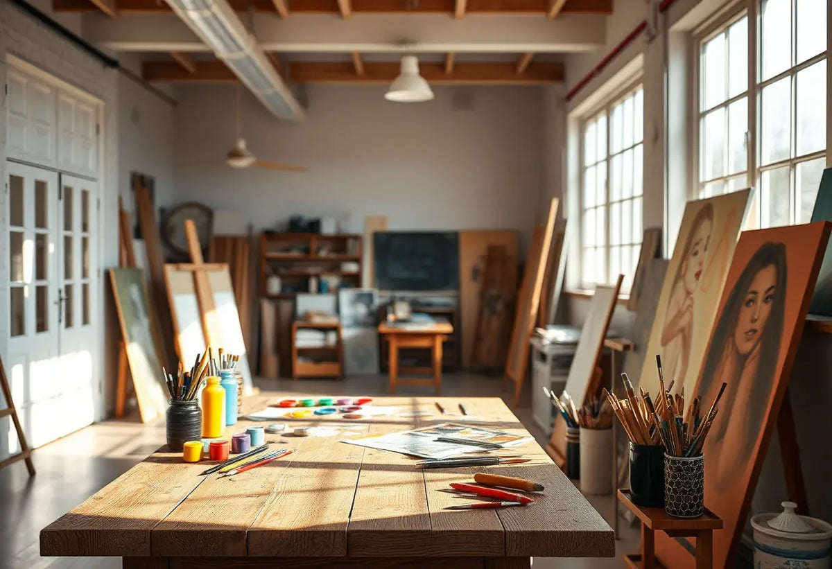 Tableau peinture et pinceaux dans un grand atelier d'art