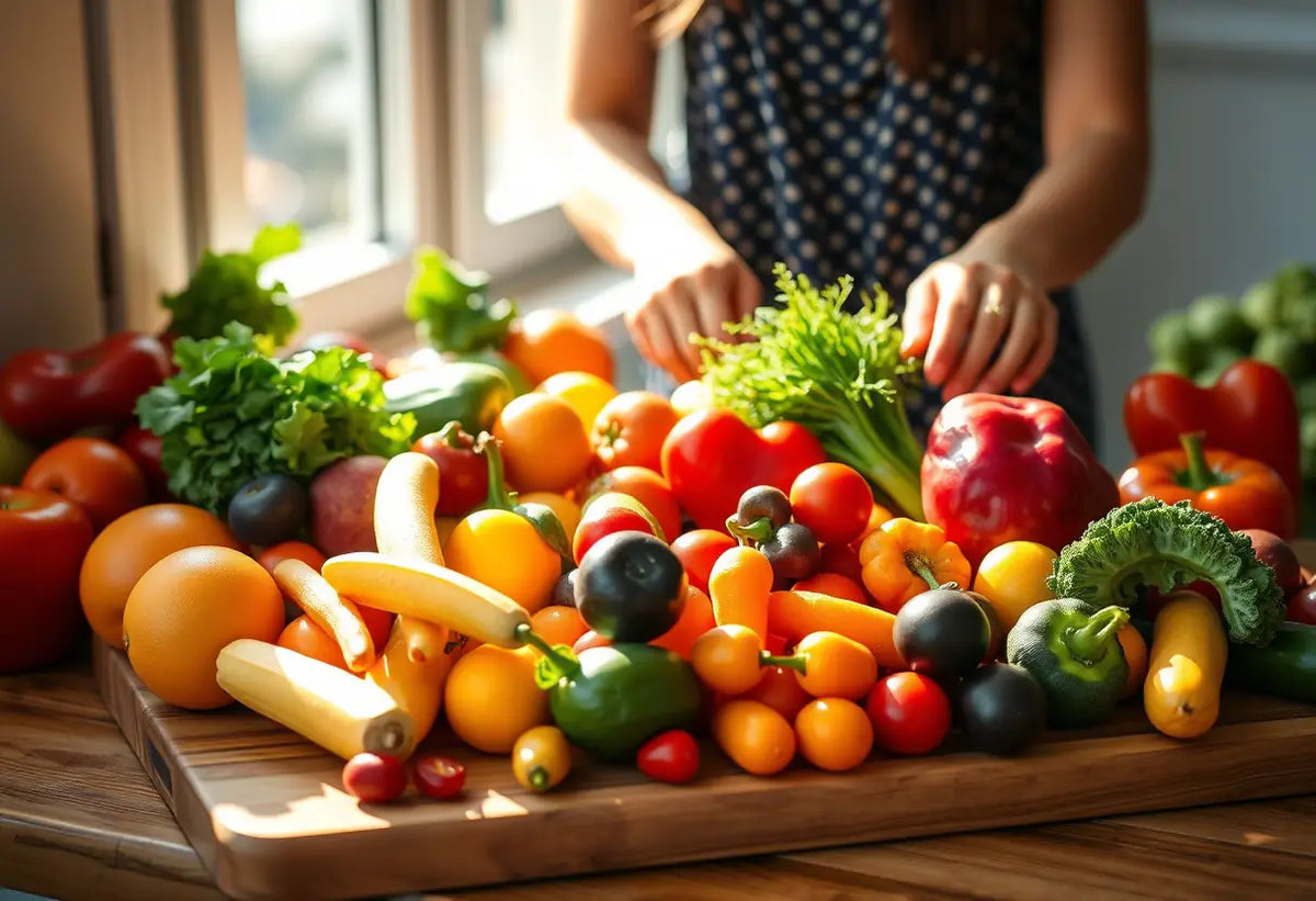 Assortiment de fruits et légumes colorés sur un plateau de bois