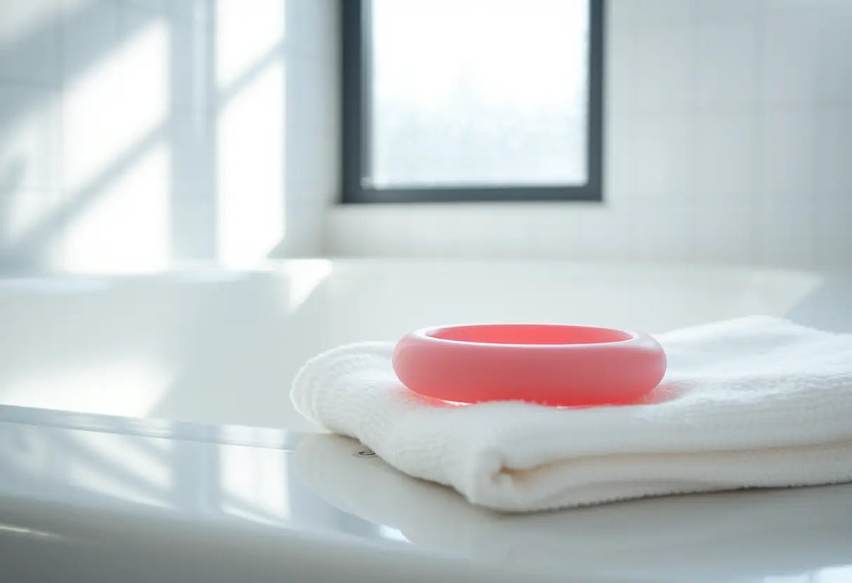 Anneau contraceptif posé sur un linge blanc dans une salle de bain bien éclairée