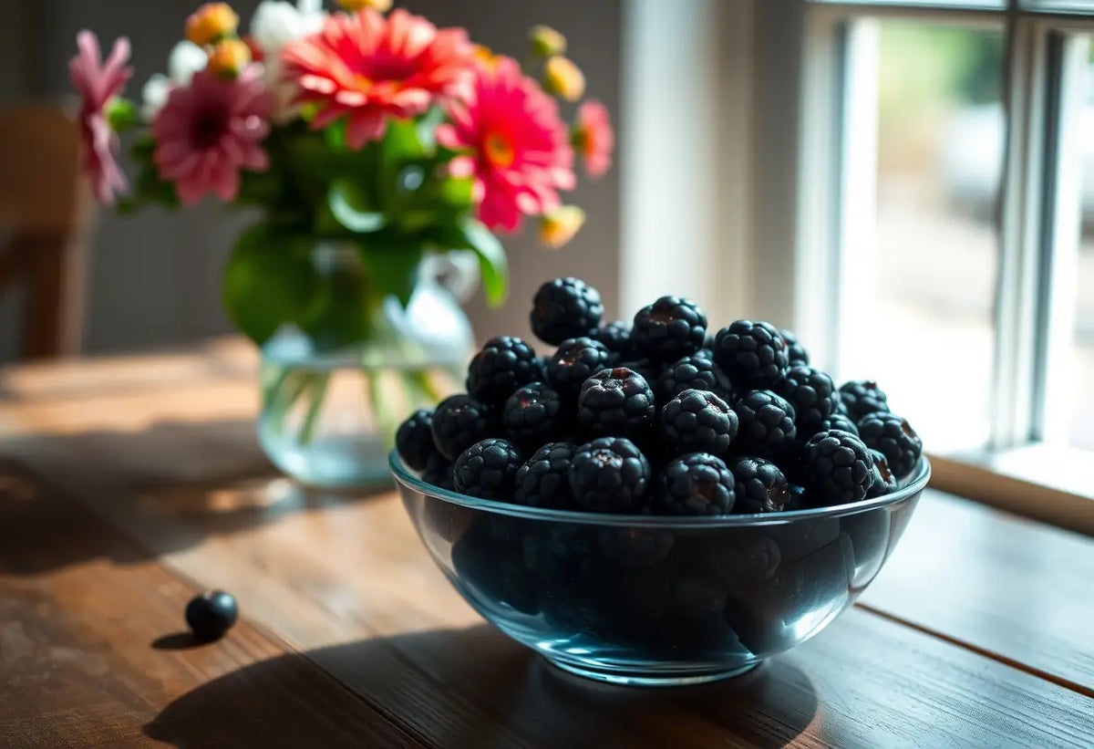 Une assiette de baies sombres sur une table en bois