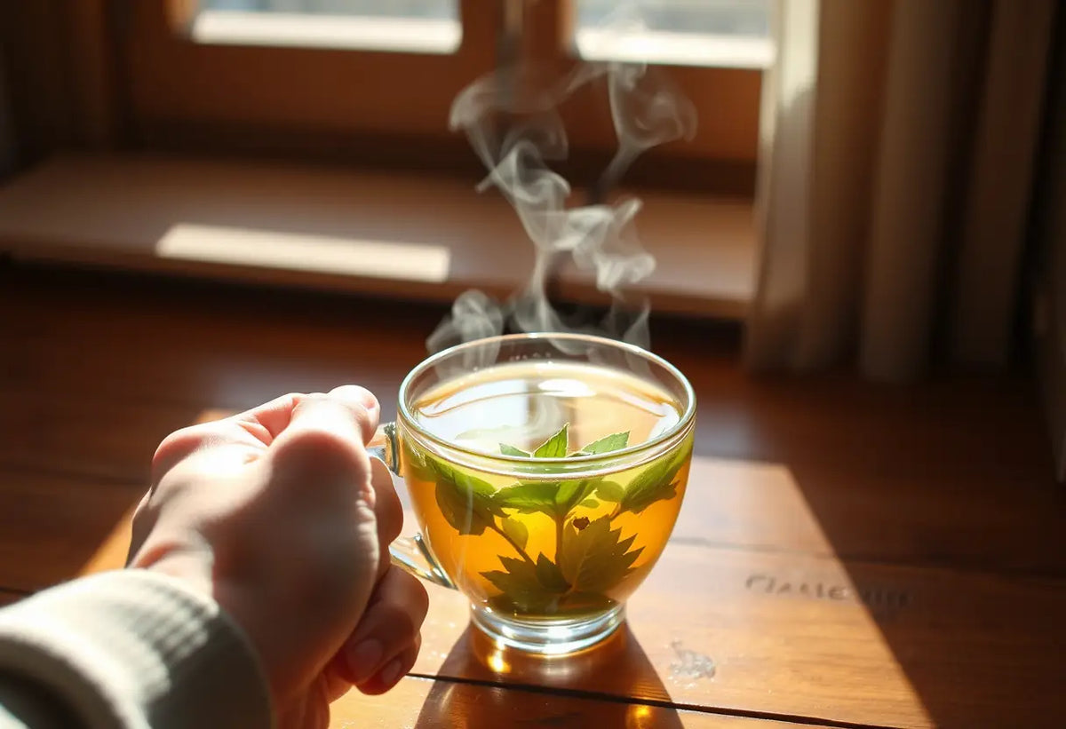 Une main tenant une tasse de thé aux herbes, éclairée par la lumière du soleil à travers une fenêtre