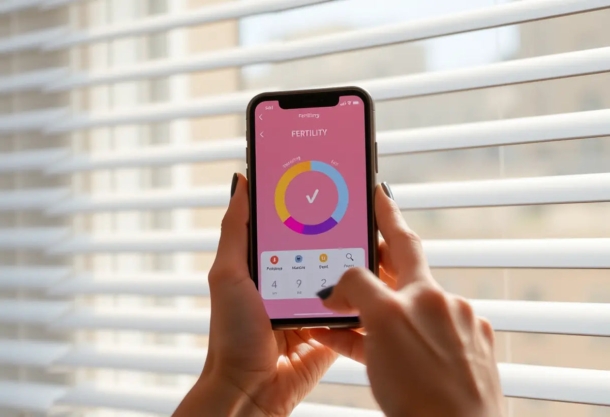Une main féminine tient un smartphone avec une application de suivi de fertilité