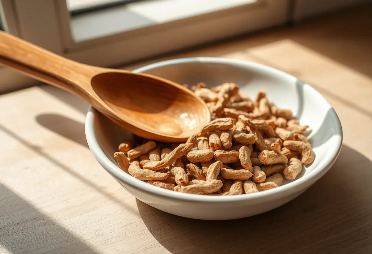 Une cuillère en bois repose sur une assiette blanche contenant des racines d'ashwagandha sèches, le guide aphrodisiaque