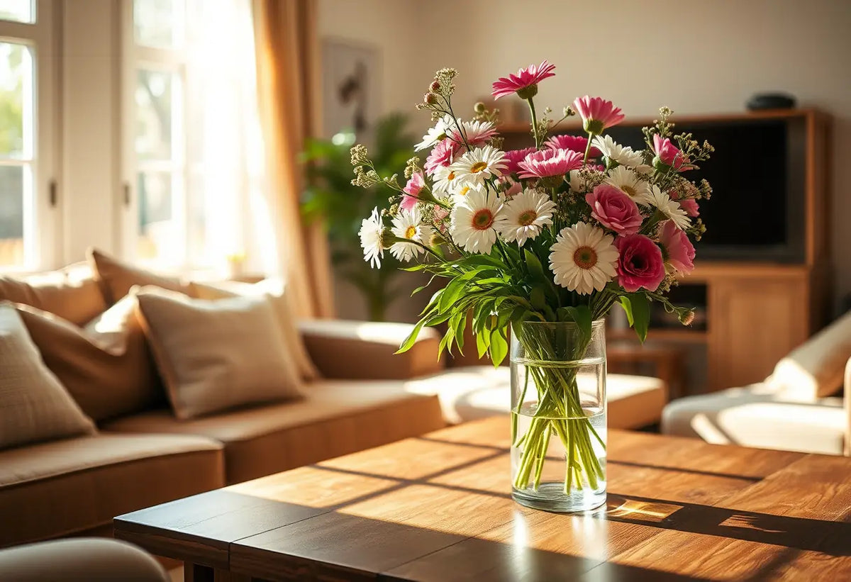 Un vase de fleurs fraîches sur une table en bois dans un salon accueillant