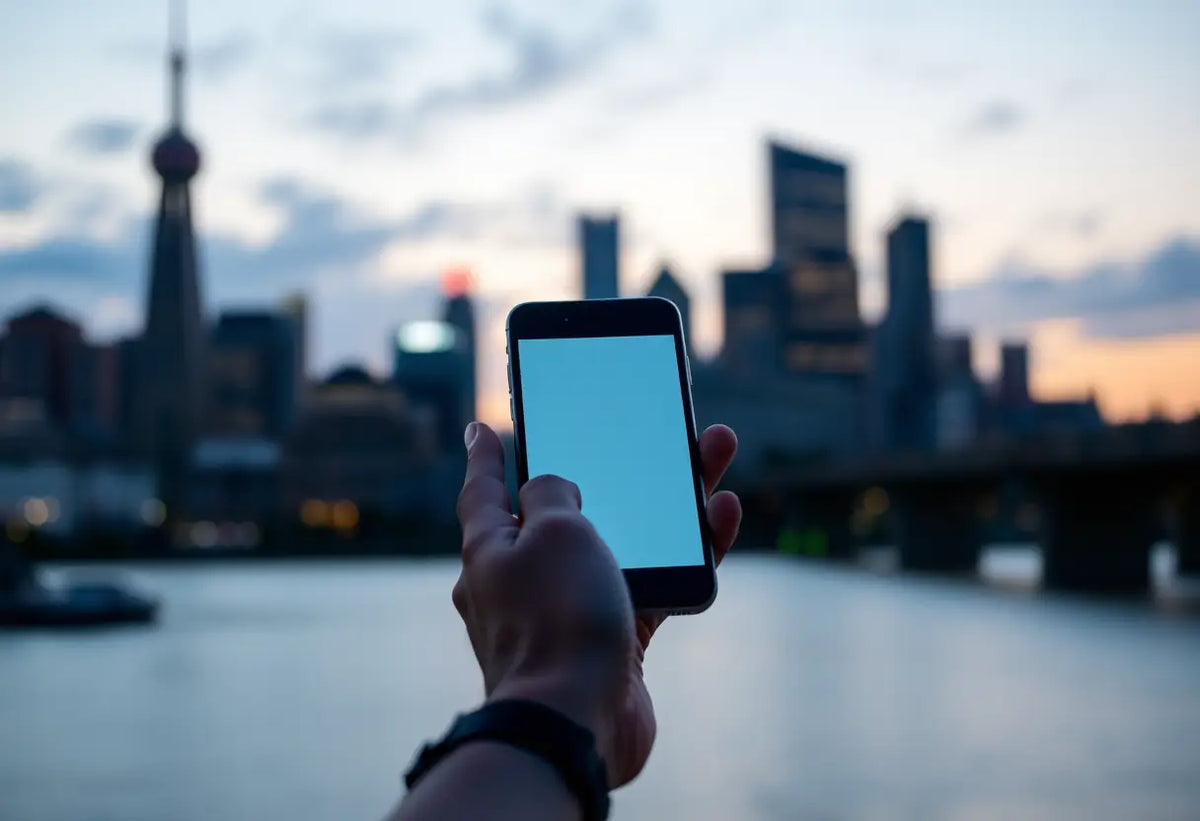 Une main tenant un téléphone portable avec la skyline d'une ville en arrière-plan flou.