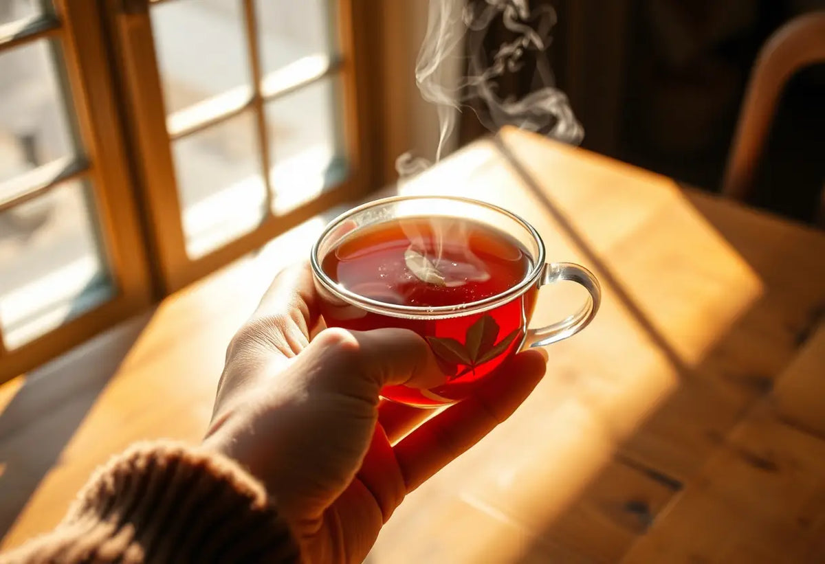 Une main tenant une tasse de thé herboriste dans une lumière chaude et apaisante