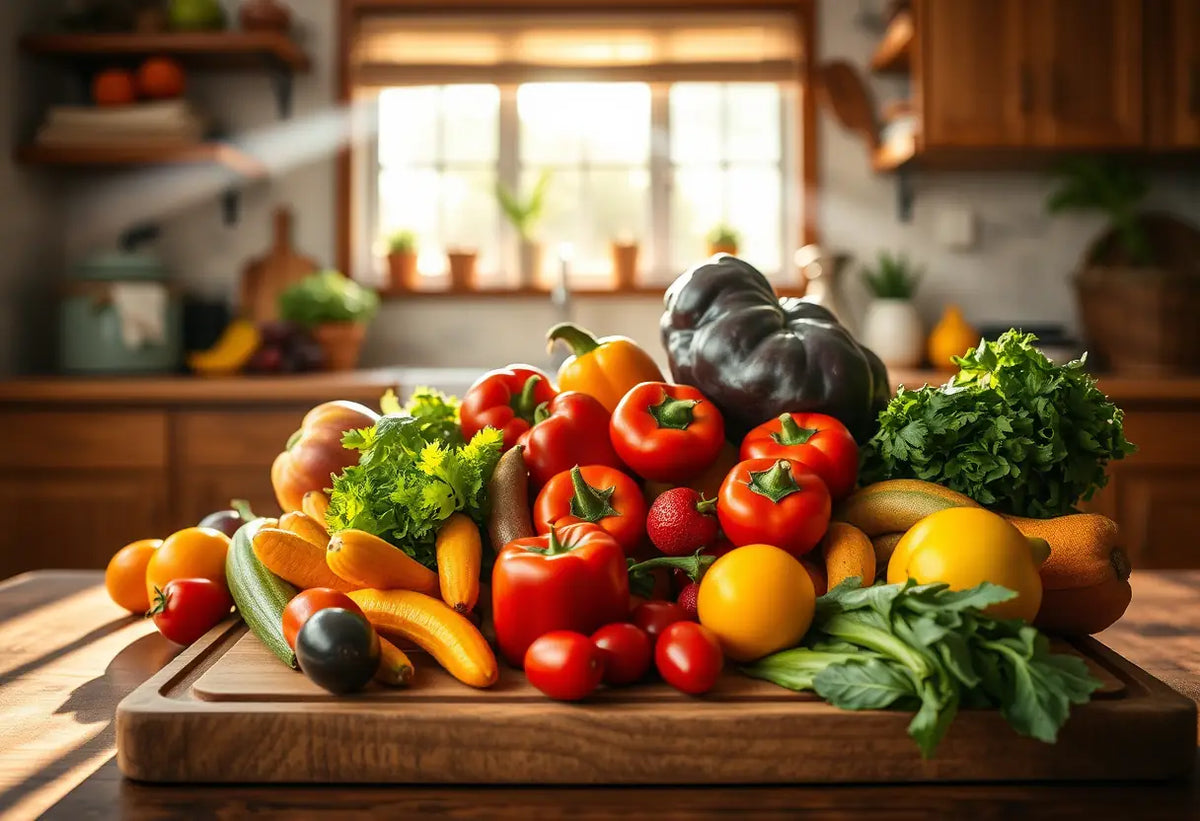 Un plan de travail en bois rempli de légumes et de fruits colorés dans une cuisine chaleureuse, favorisant une alimentation saine