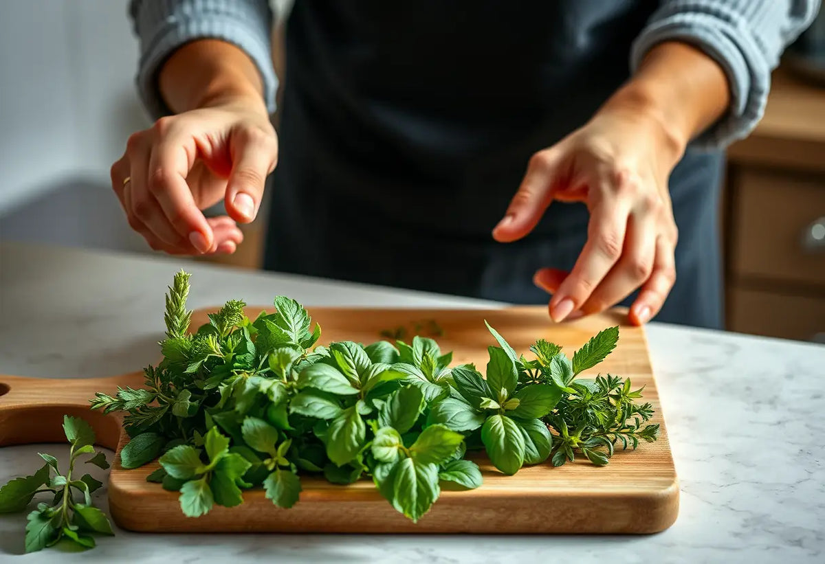 Des mains disposant délicatement des herbes fraîches sur un plan de travail, lumineux et apaisant