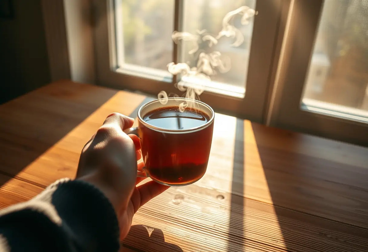 Une main tenant une tasse de thé chaud sur une table en bois, lumière naturelle