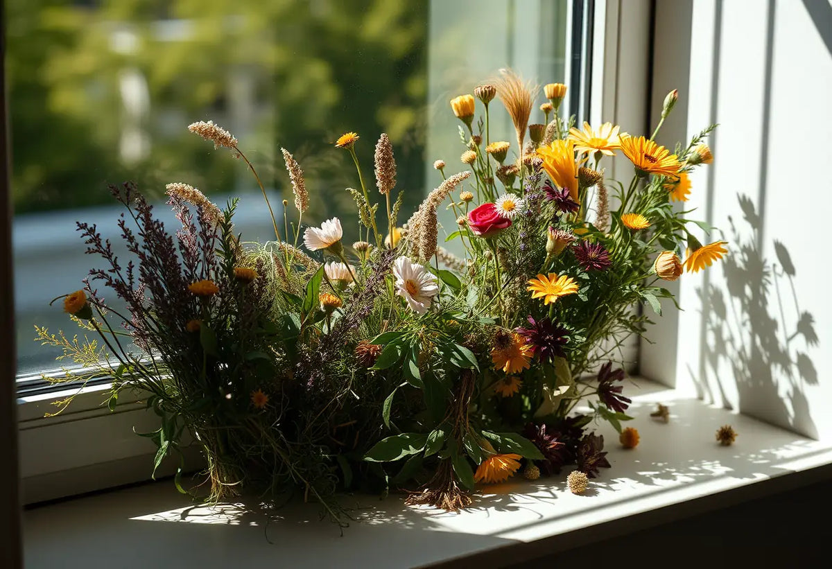 Fenêtre remplie d'herbes et de fleurs sèches, suivi de la fécondité