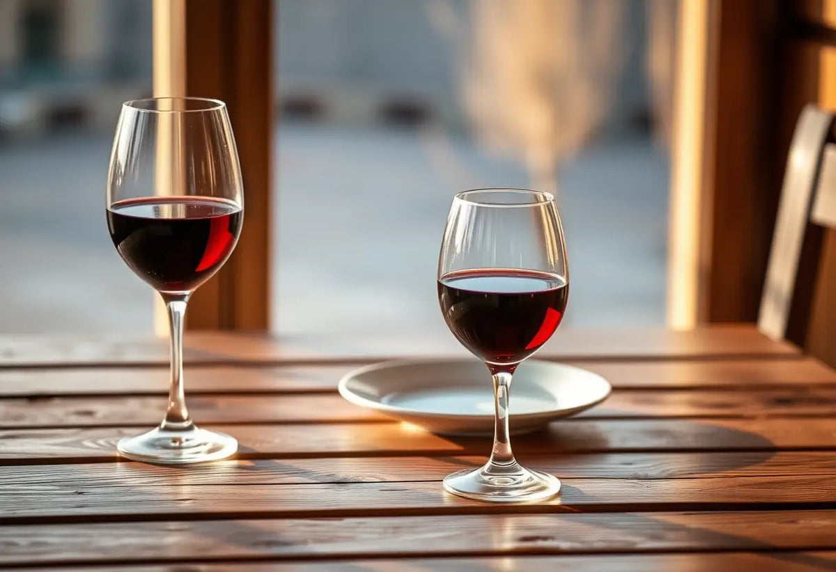 Un couvert pour deux avec deux verres de vin rouge