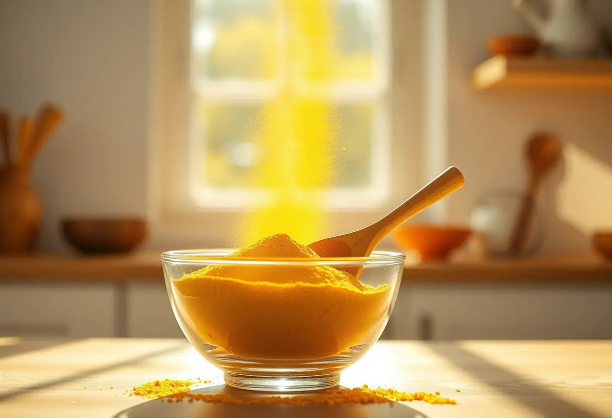 Poudre de maca dans une casserole, un bol avec une cuillère en bois