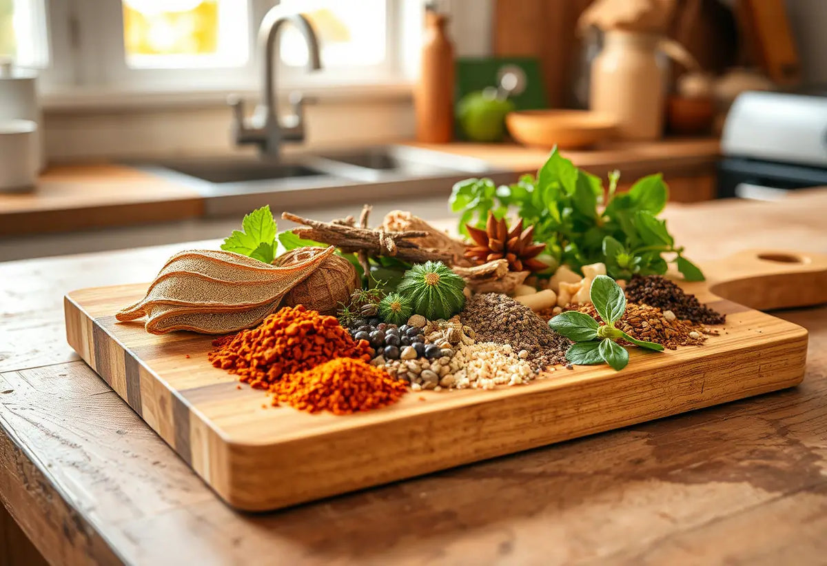 Assortiment d'épices et d'herbes sur un plan de travail de cuisine, y compris l'ase fétide