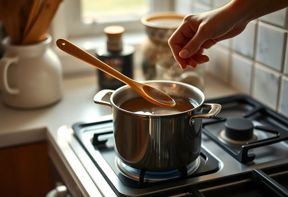 Une main tenant une cuillère en bois au-dessus d'une marmite de thé herbeux dans une cuisine