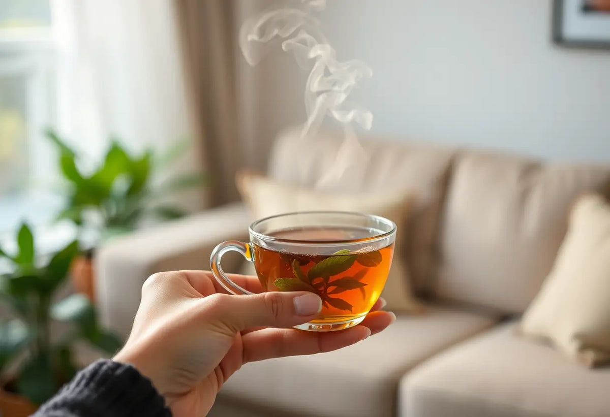 Une main tenant une tasse de thé aromatique dans un salon accueillant