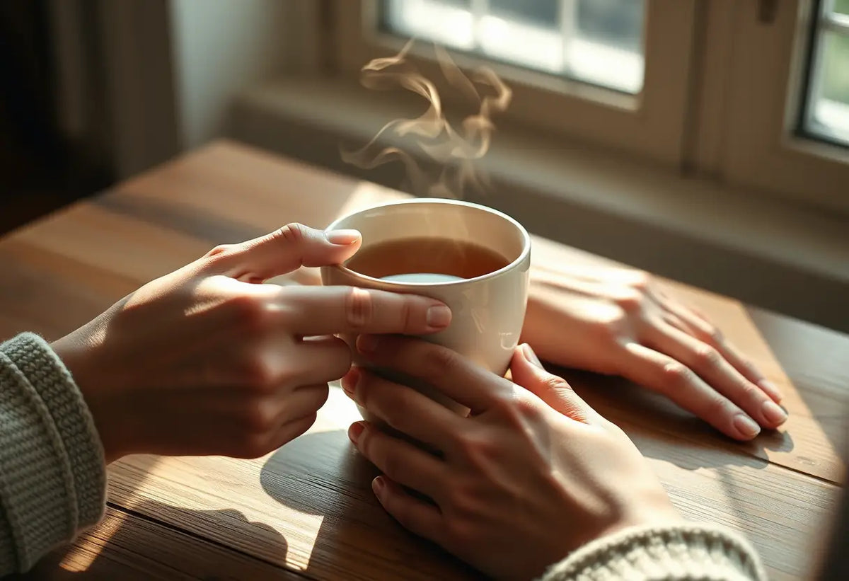Main de thé entre deux mains, signe de complicité