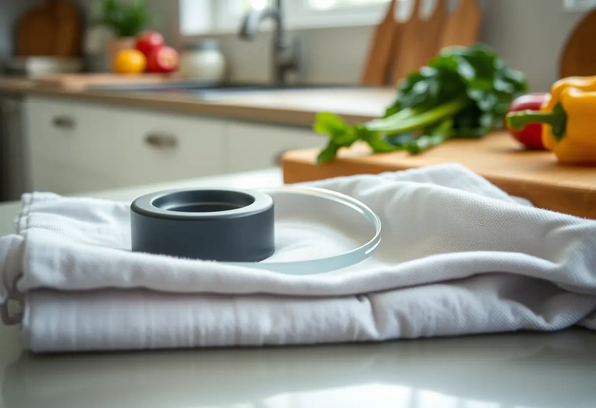 Anne examine une diaphragme en silicone posée sur un linge de cuisine.