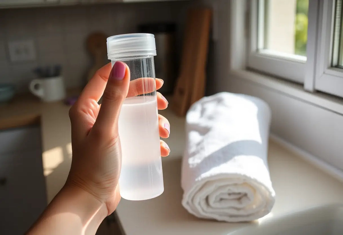 Une main féminine tenant un récipient en plastique avec une solution saline sur une table de cuisine