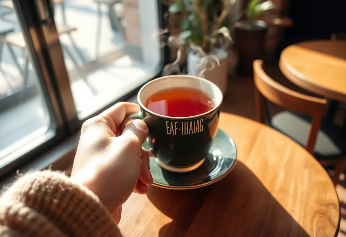 Une main tenant une tasse de thé herbagère chaude dans un café accueillant