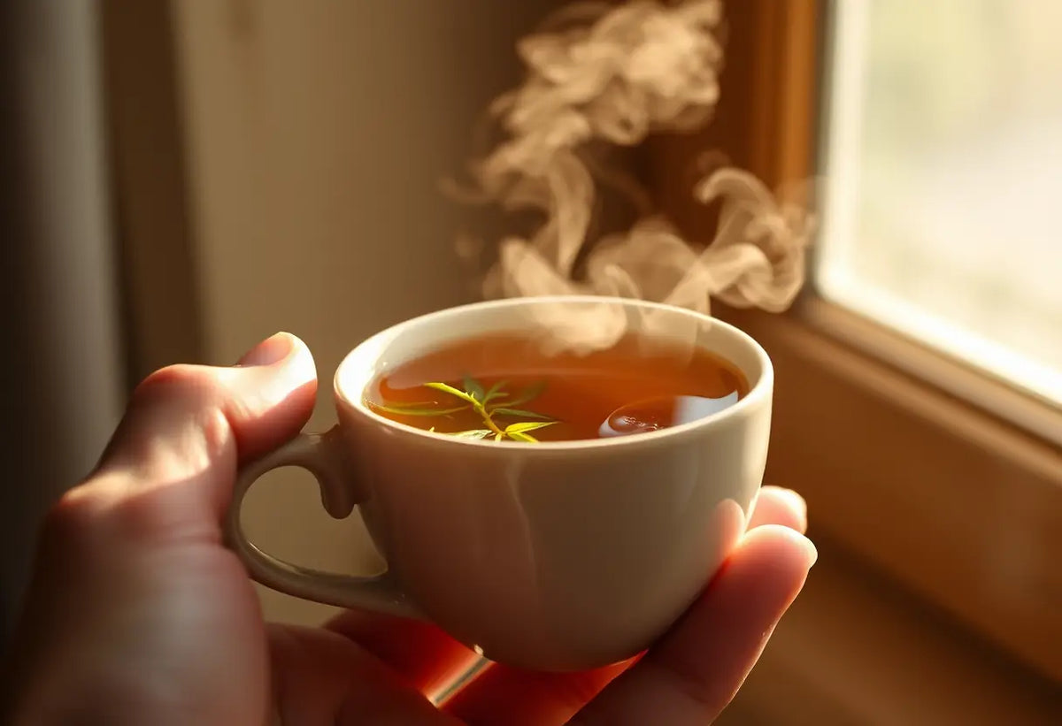 Une main tenant une tasse de thé chaud, lumineuse et apaisante
