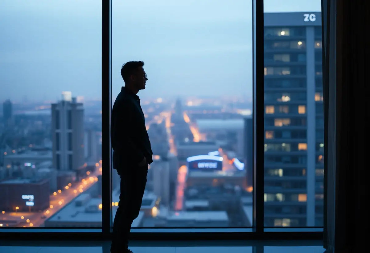 Un silhouetté regardant la ville à travers une fenêtre